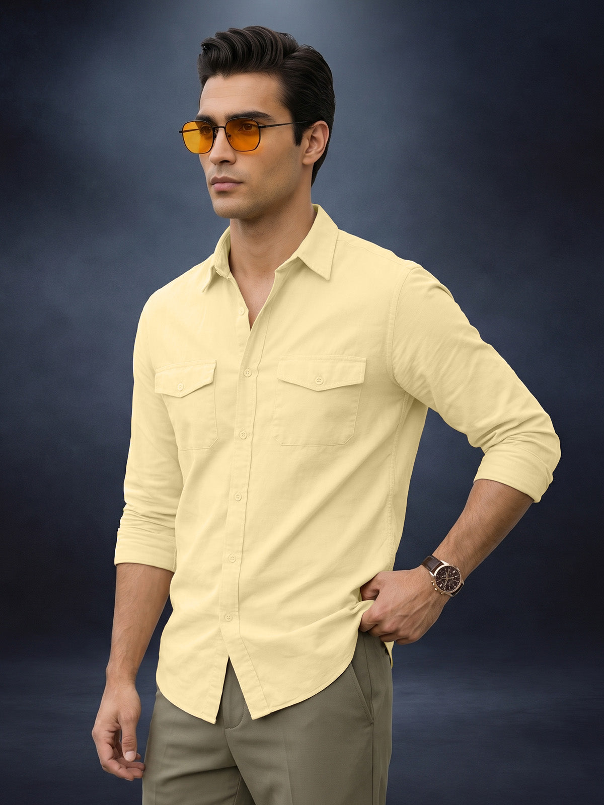 Double Cream Plain Relaxed Fit Full Sleeve Dual Pocket Utility Exclusive Shirt