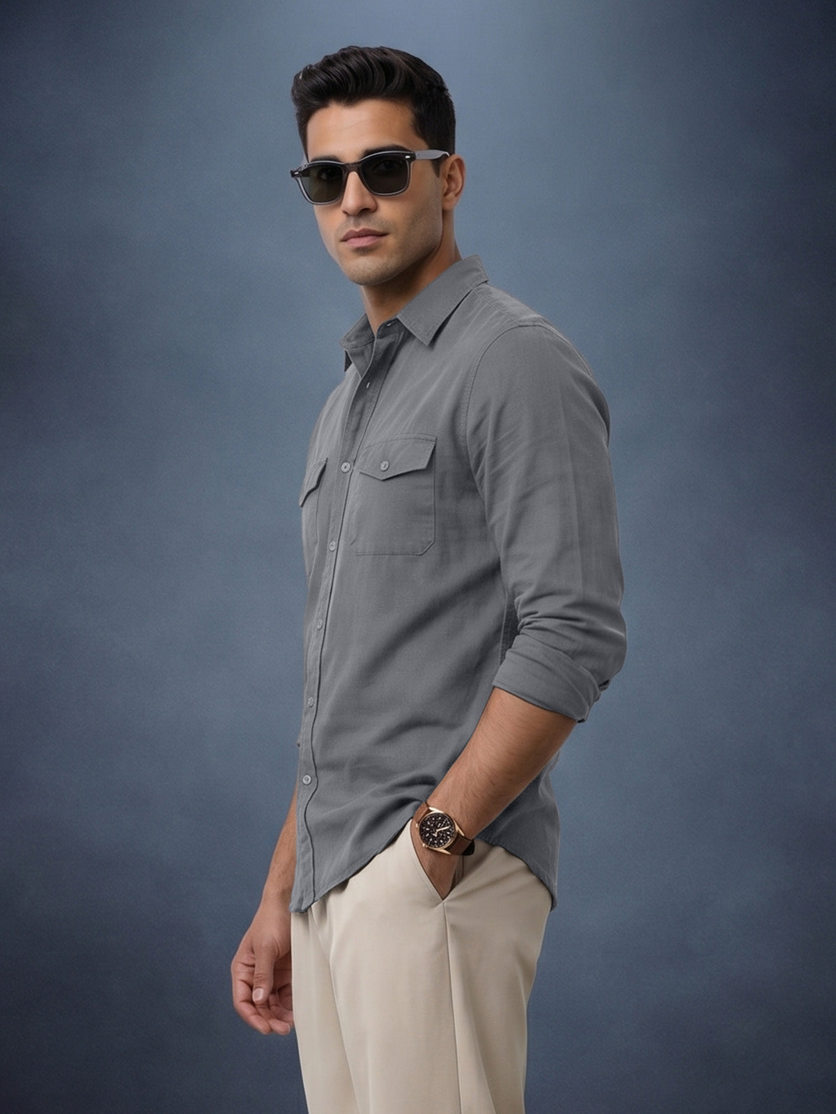 Dark Grey Plain Relaxed Fit Full Sleeve Dual Pocket Utility Exclusive Shirt
