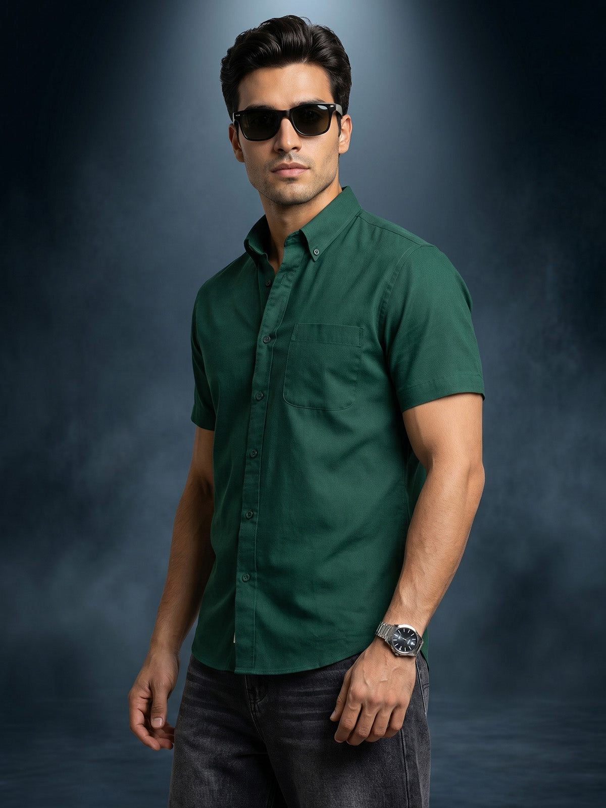 Green Plain Regular Fit Half Sleeve Single Pocket Exclusive Shirt