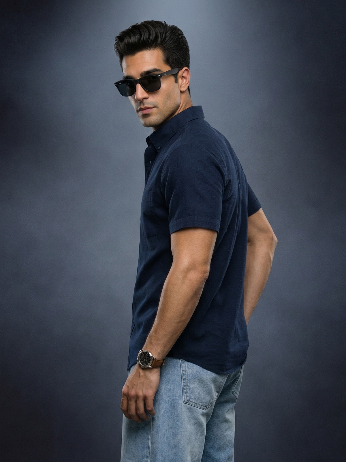 Navy Plain Regular Fit Half Sleeve Single Pocket Exclusive Shirt