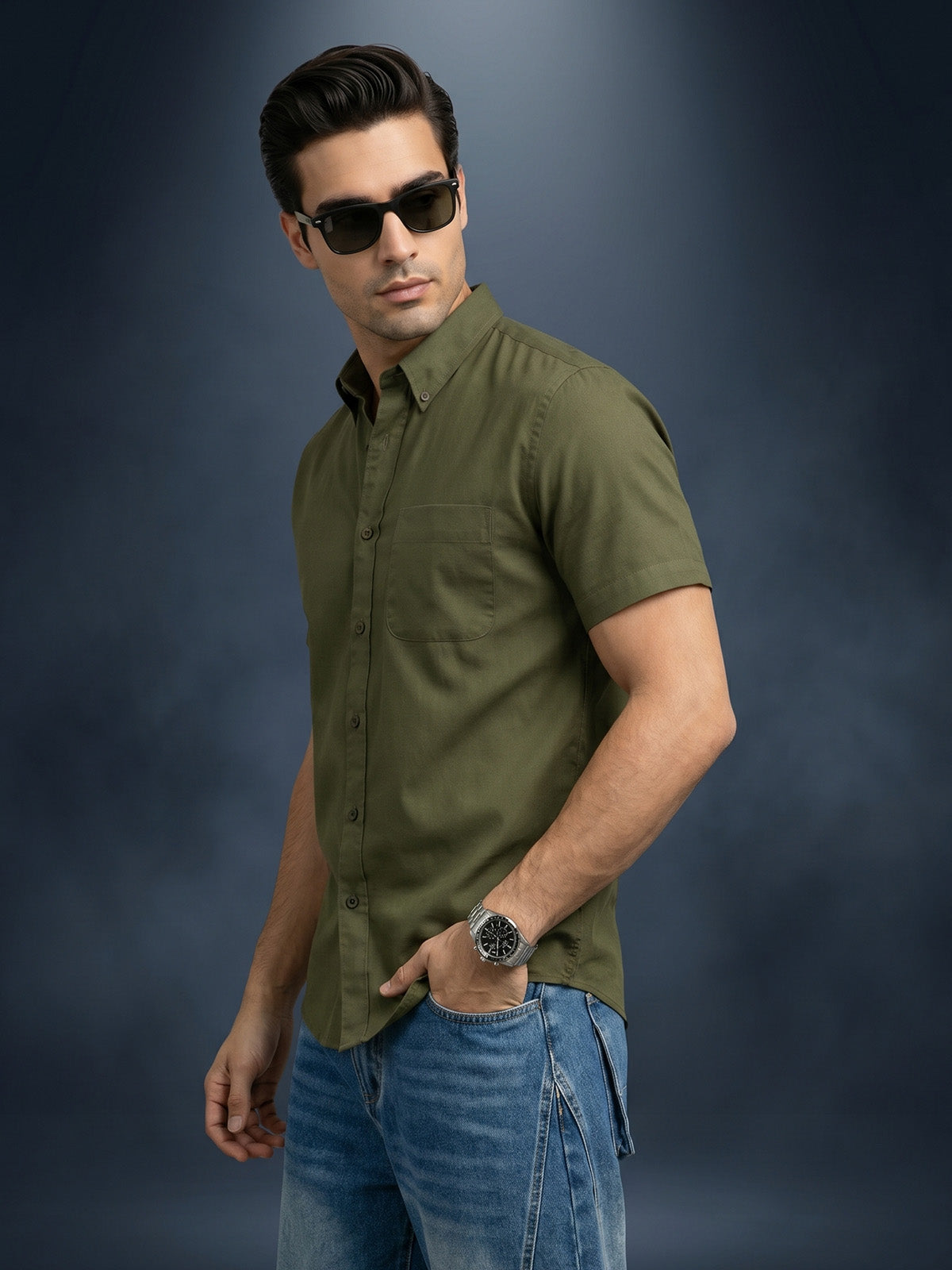 Olive Plain Regular Fit Half Sleeve Single Pocket Exclusive Shirt