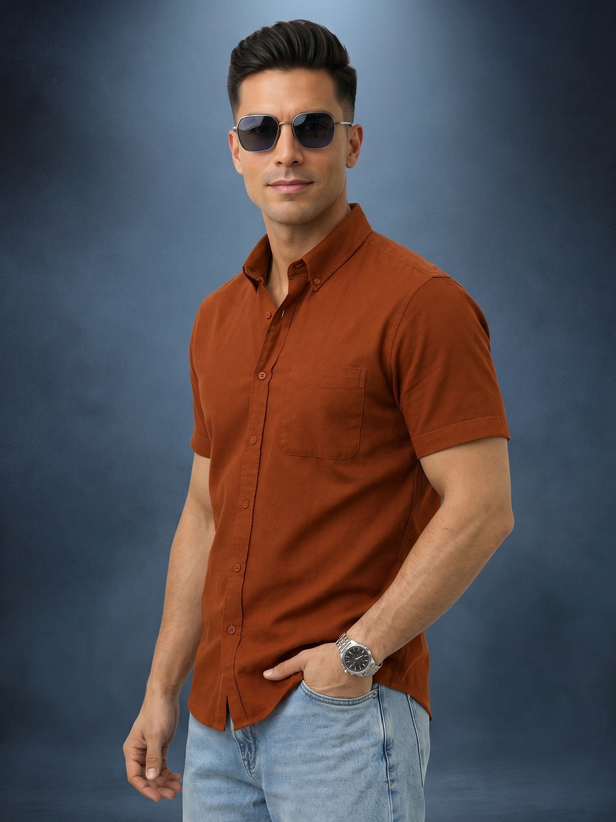 Rust Plain Regular Fit Half Sleeve Single Pocket Exclusive Shirt