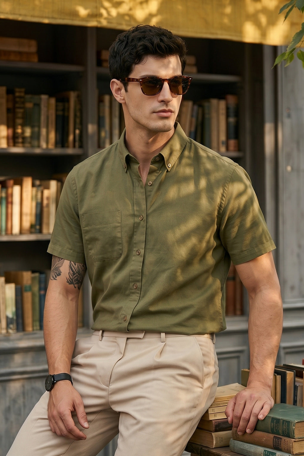 Olive Plain Regular Fit Half Sleeve Single Pocket Exclusive Shirt