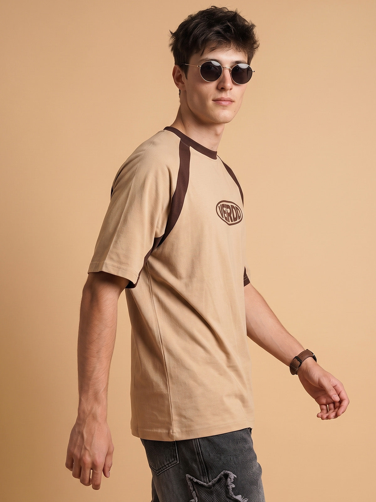 Veirdo Signature Raglan Beige Oversized Graphic Printed T-shirt