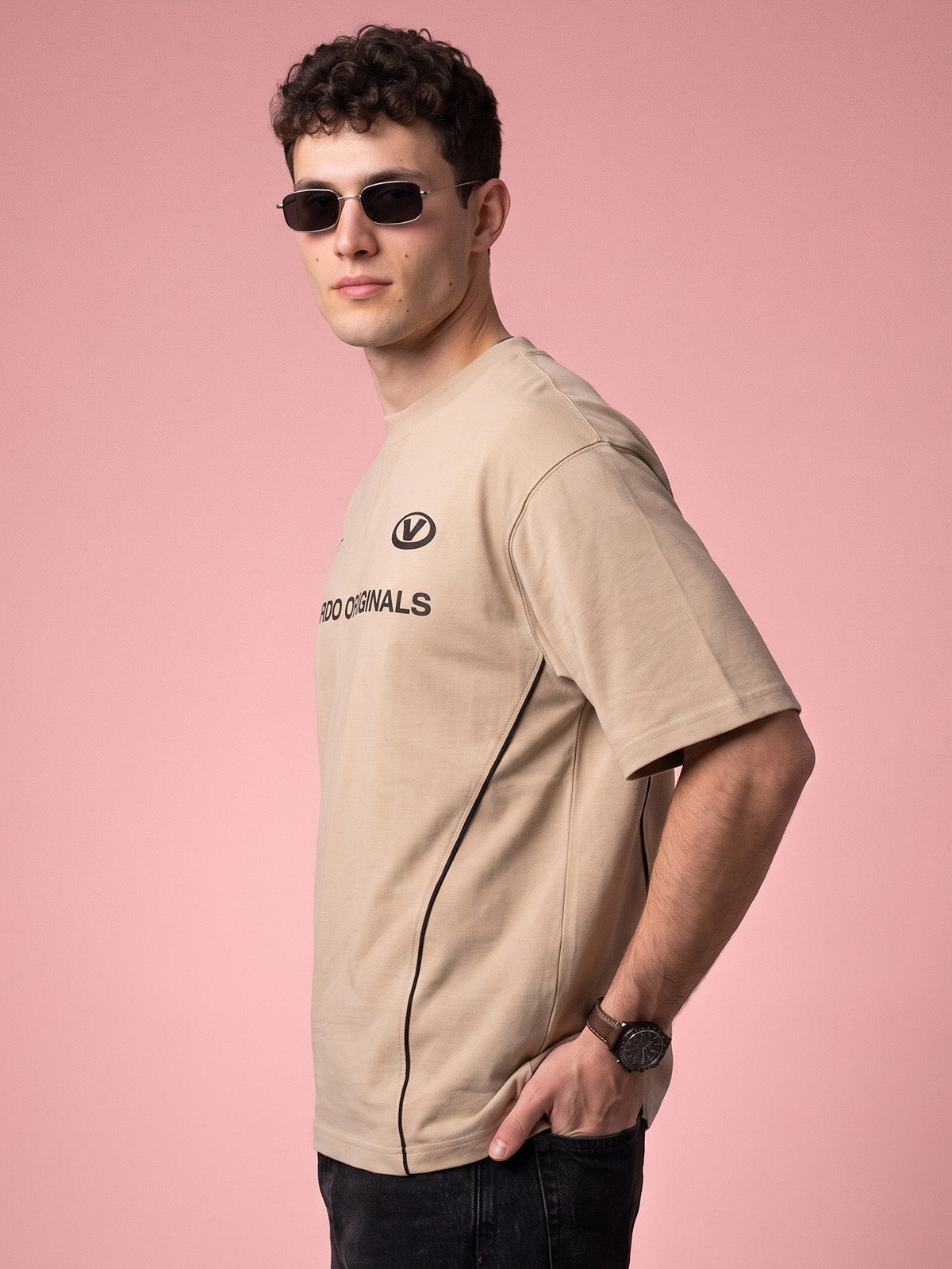 Veirdo Originals Piped Beige Oversized Graphic Printed T-shirt