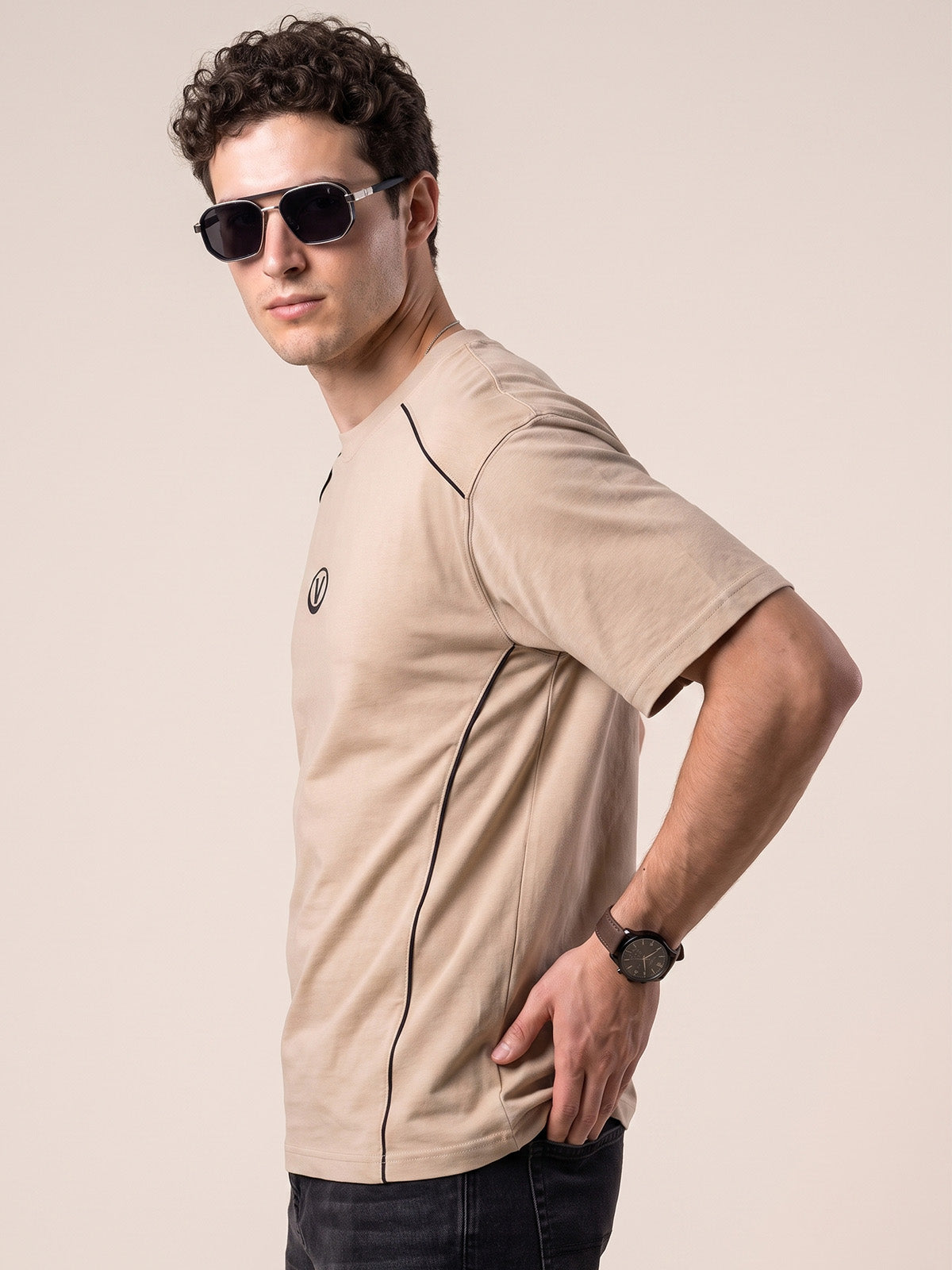 Athletic Essentials Beige Oversized Graphic Printed T-shirt