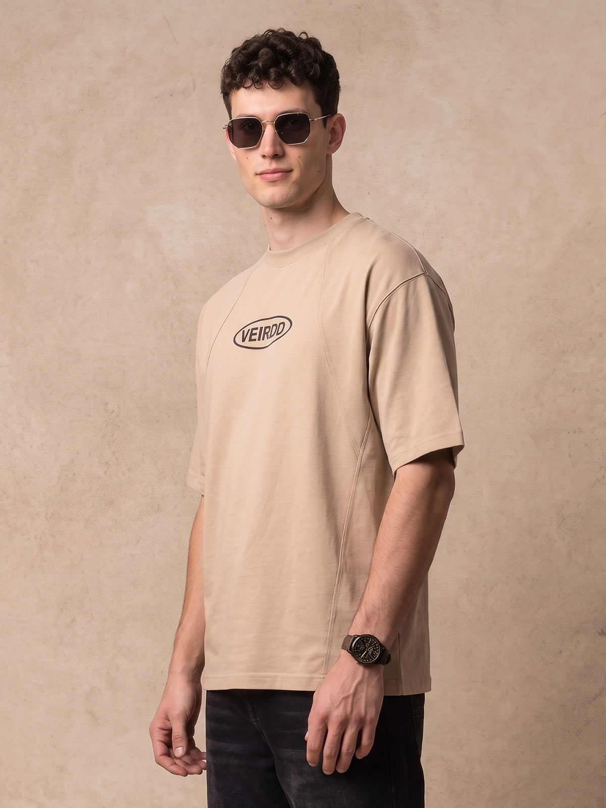 Veirdo Signature Beige Oversized Graphic Printed T-shirt