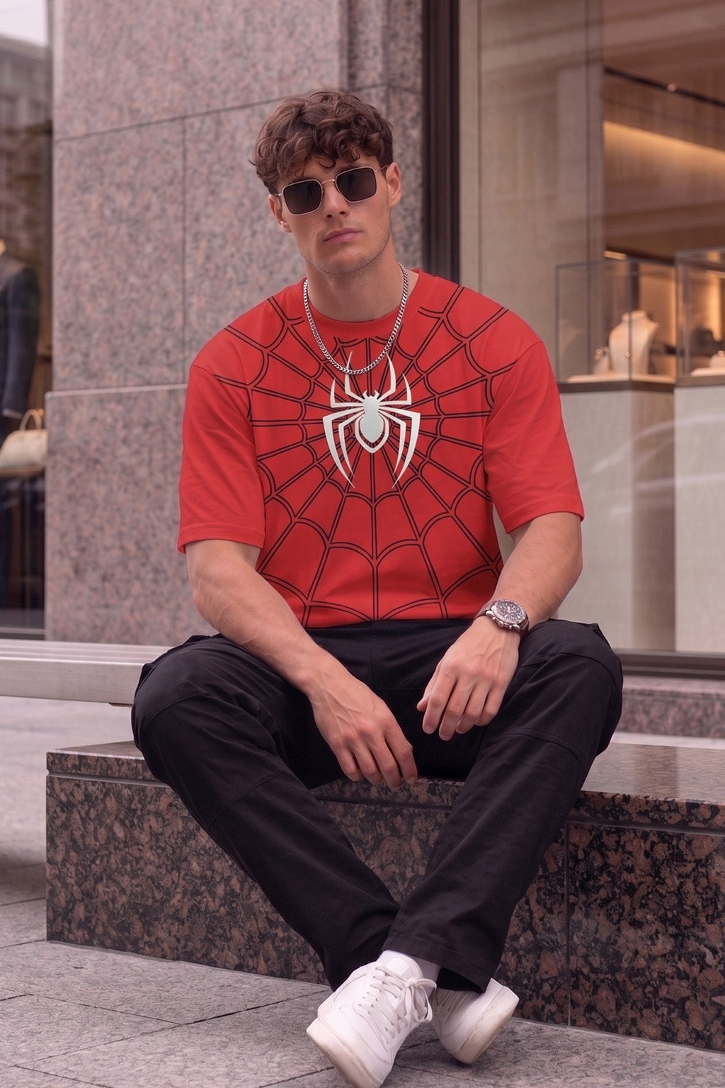 SpiderVerse Webline Red Oversized Printed T-Shirt