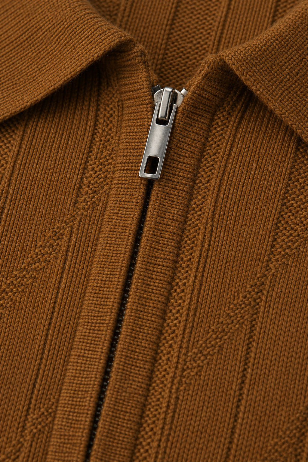 Brown Ribbed Flatknit Textured Regular Fit Exclusive Zipper Polo T-Shirt