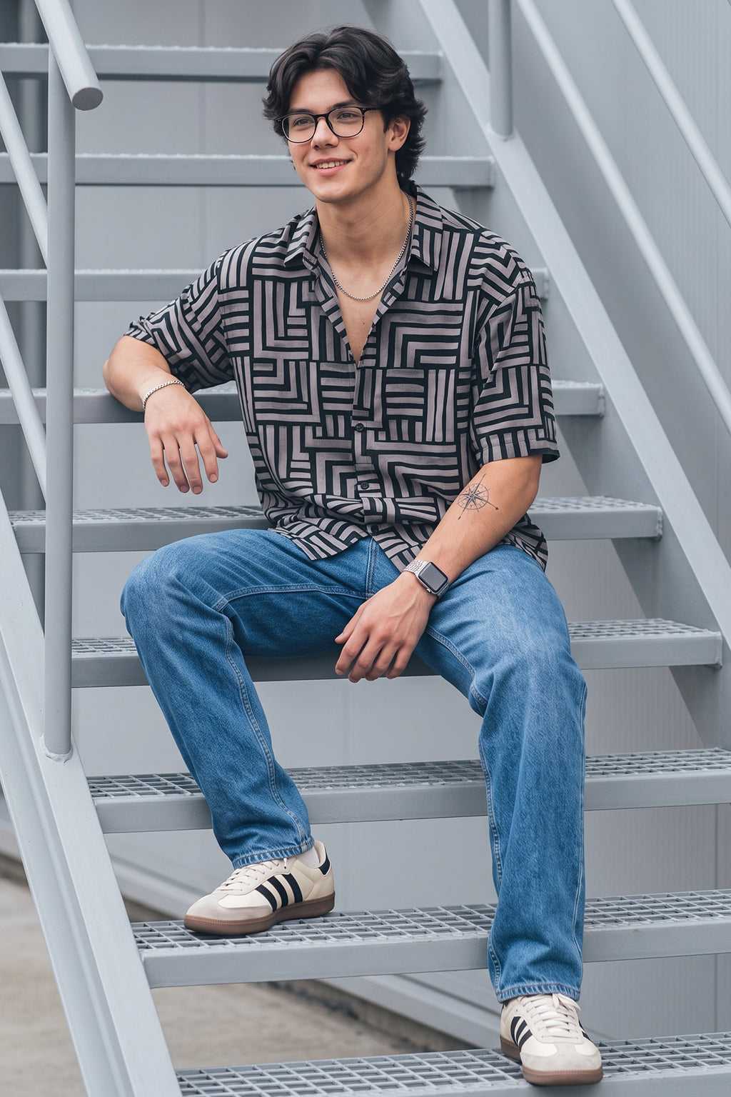 Geo Lines Black All Over Printed Oversized Exclusive Shirt