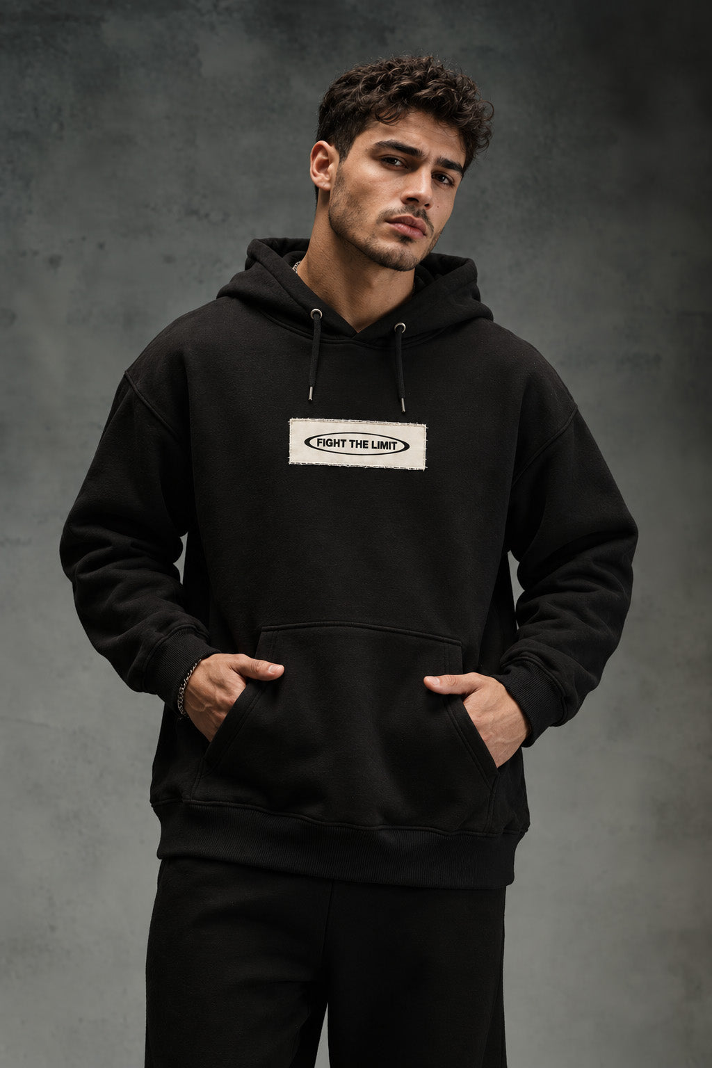 Fight The Limits Black Printed Graphic Patch Oversized Exclusive Hoodie