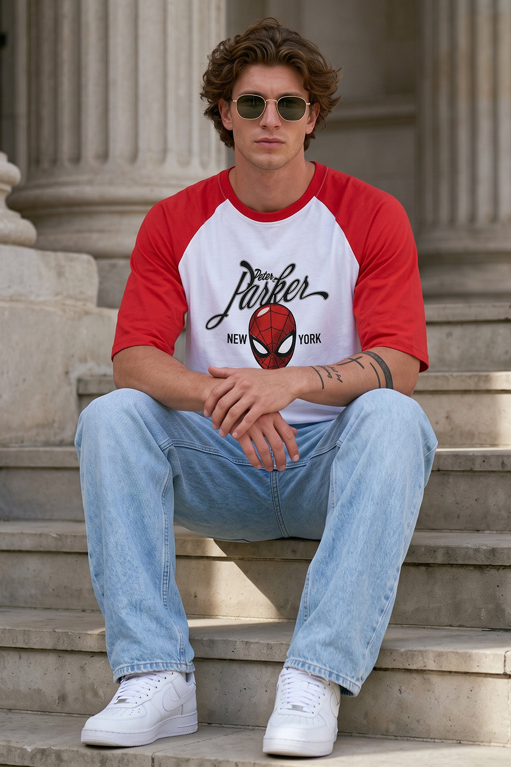 Peter Parker Red Raglan Oversized Printed T-Shirt