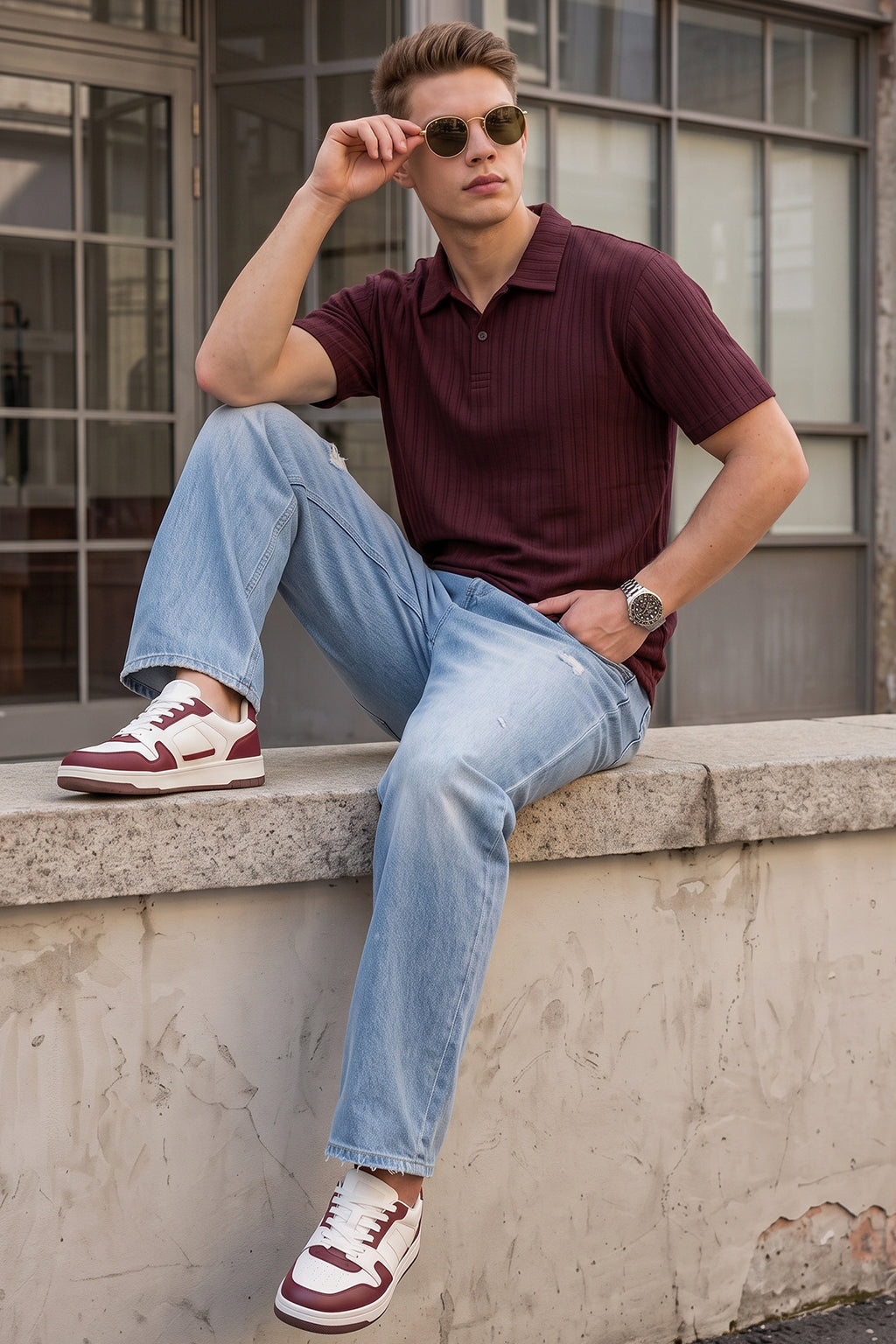 Wine Cross Lining Jacquard Regular Fit Button Polo