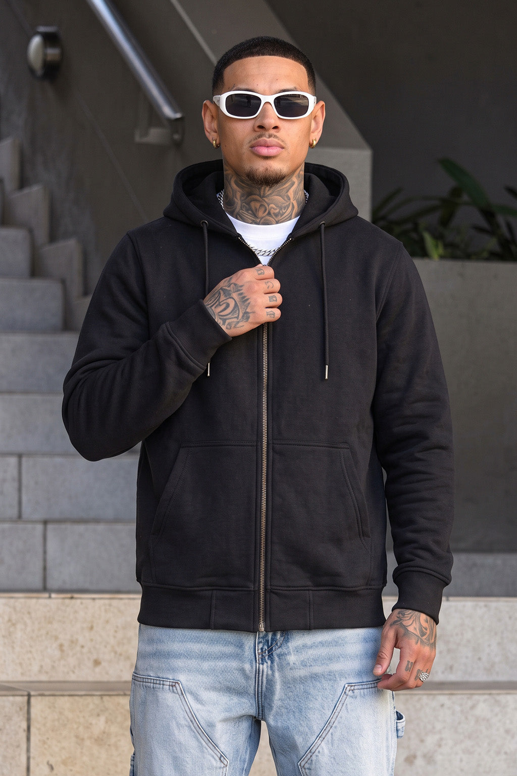 Black Ribbed Cuff Regular Fit Zip-Up Hoodie