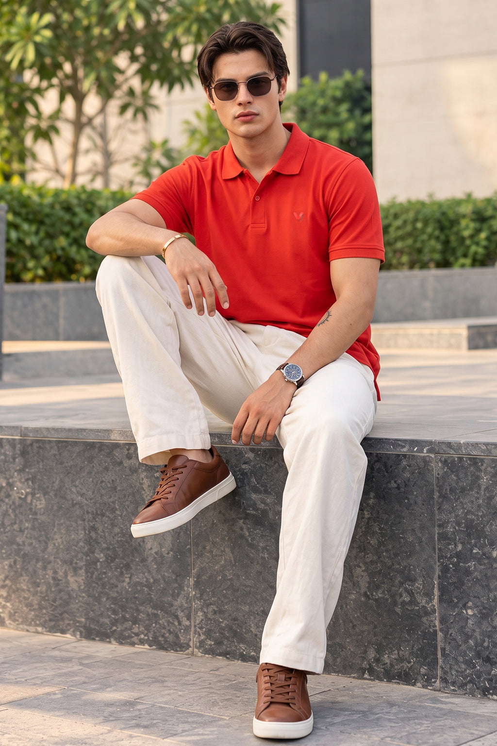 Red Interlock Plain Regular Fit Button Polo T-shirt