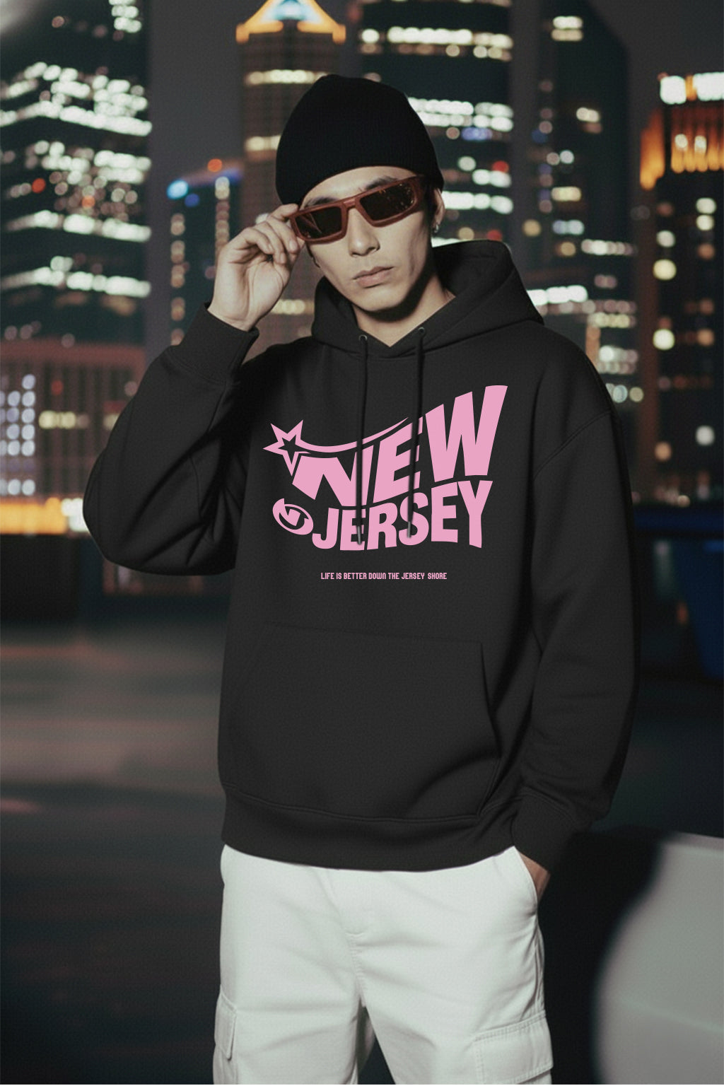 New Jersey Dark Grey Oversized Printed Hoodie