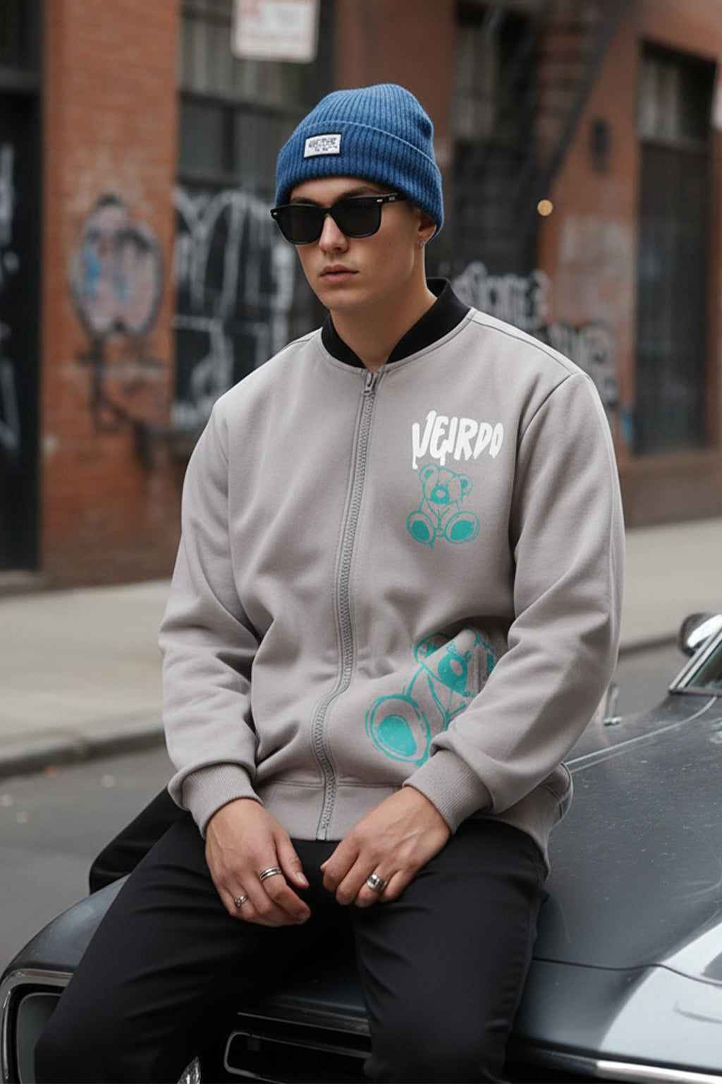 Grey Back Graphic Printed Varsity Jacket