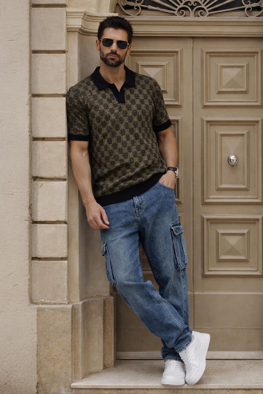 Classic Grid Black Flatknit Textured Regular Fit Exclusive Polo T-Shirt