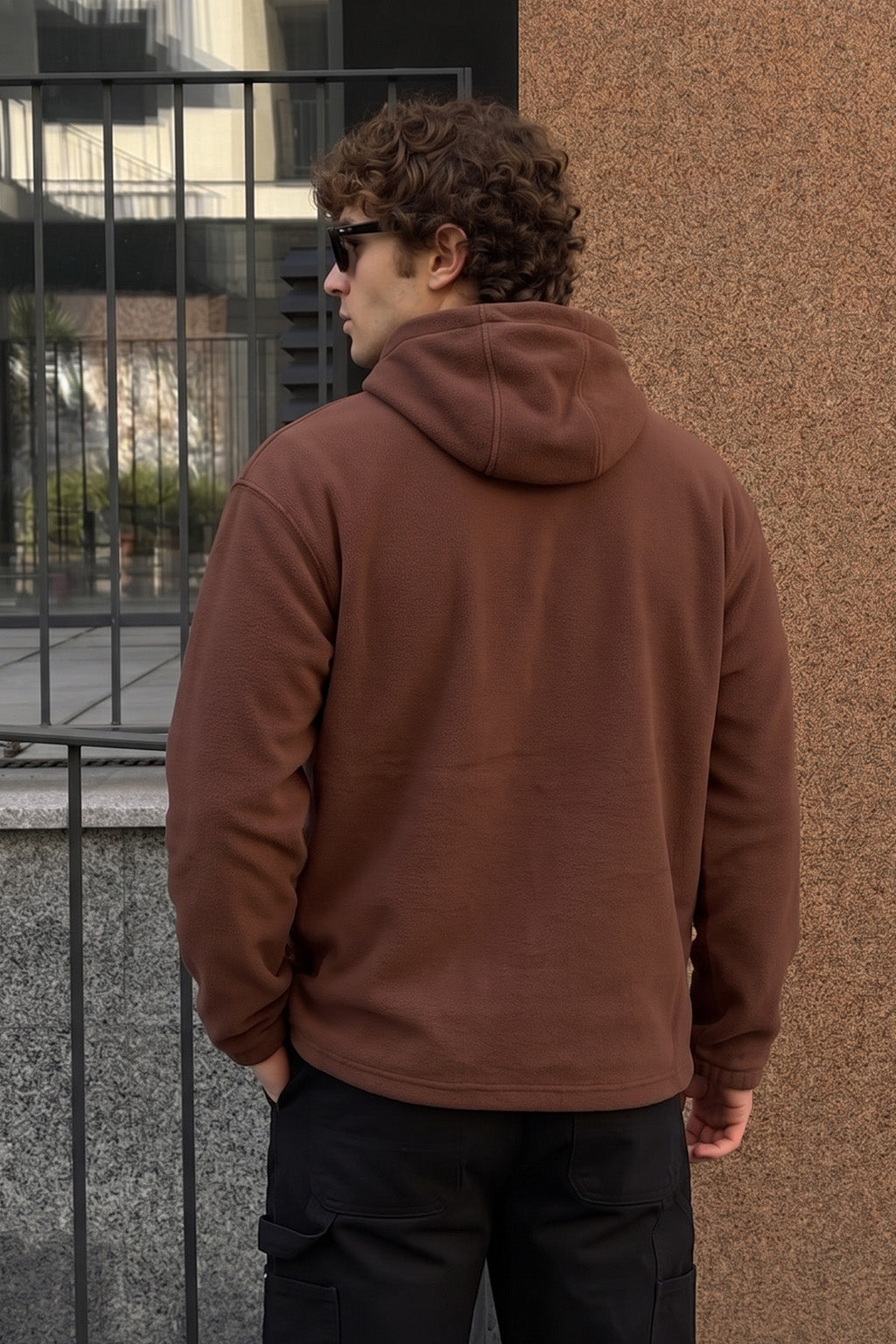 Veirdo Chocolate Oversized Plain Button-Neck Pullover Hoodie