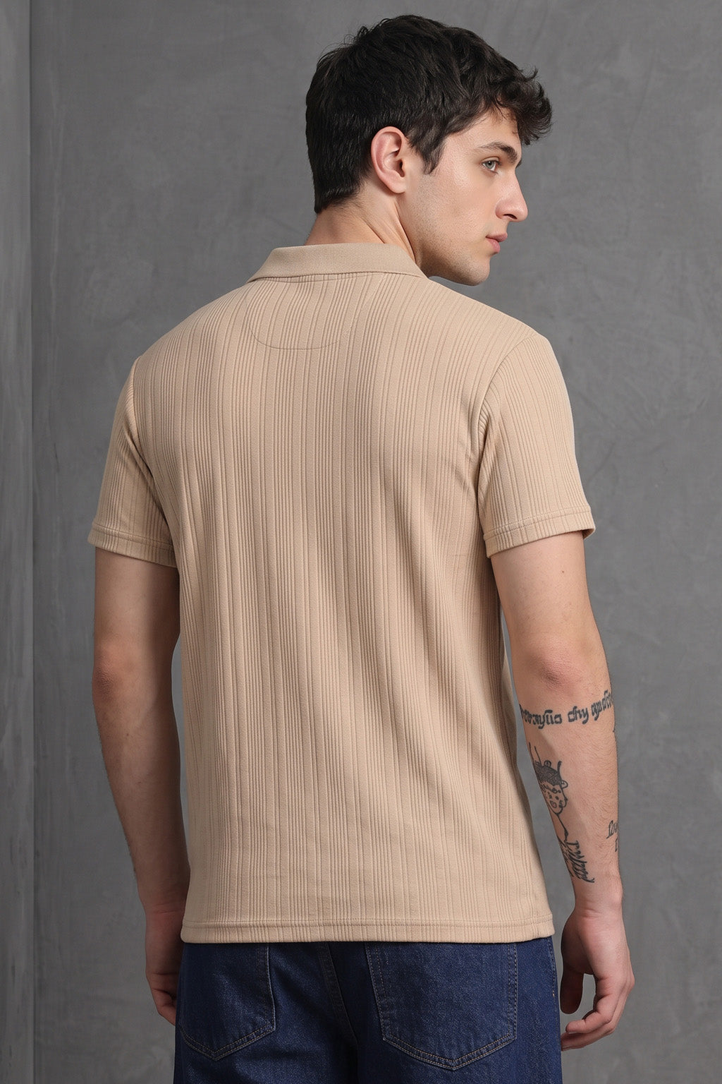 Beige Cross Lining Jacquard Regular Fit Button Polo