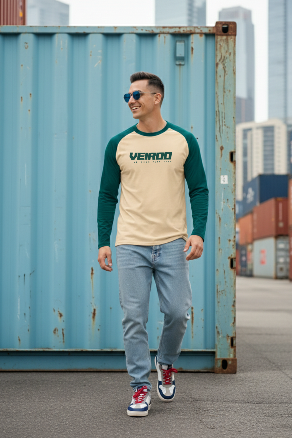 Veirdo Green & Swanwhite Raglan Full Sleeve Printed T-shirt