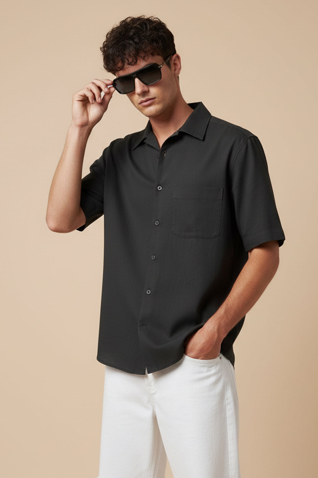 Black Plain Regular Fit Half Sleeve Single Pocket Exclusive Shirt