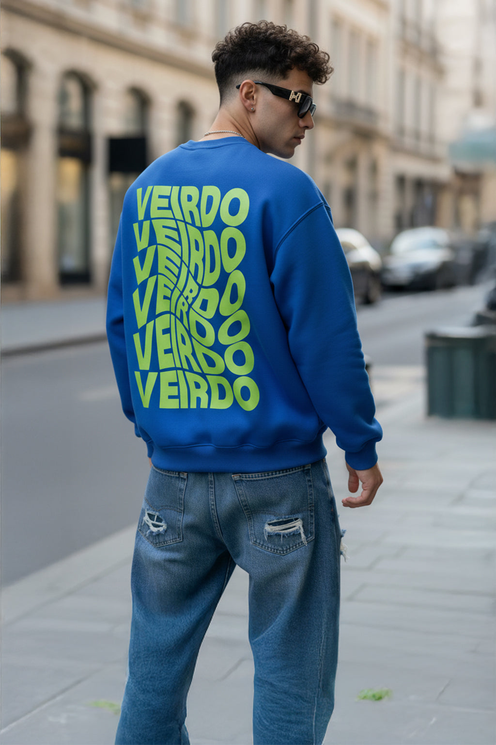 Veirdo Blue Oversized Back Typographic Printed Sweatshirt