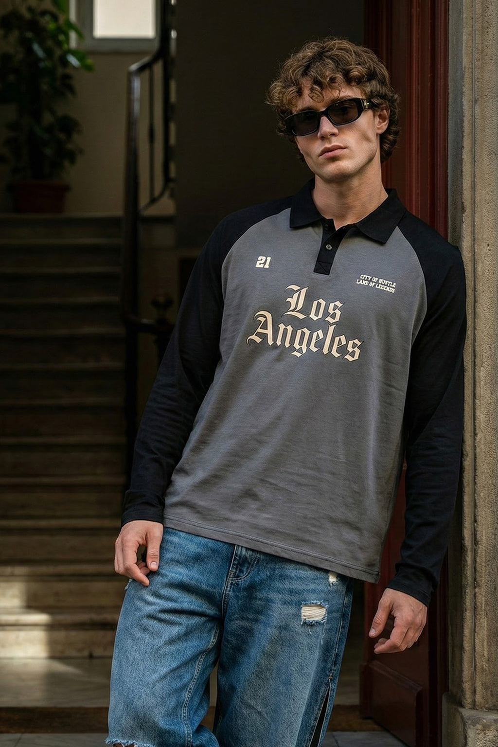 Los Angeles Grey Oversized Full Sleeve Exclusive Polo T-shirt