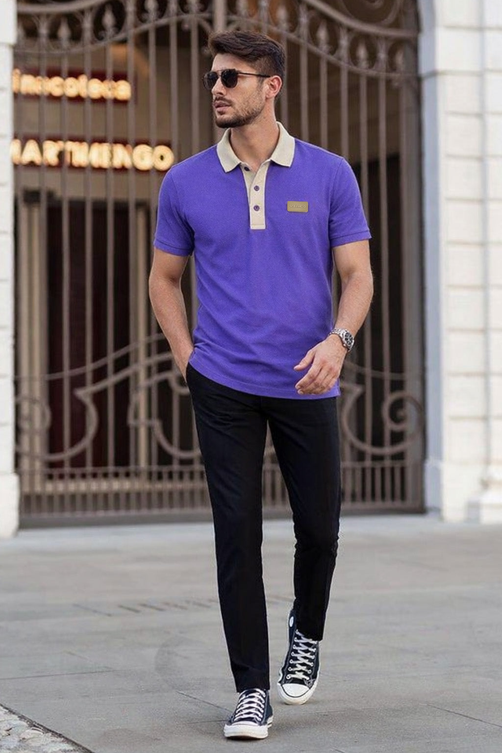 Royal Purple Contrast Collar Economic Regular Fit Pique Polo