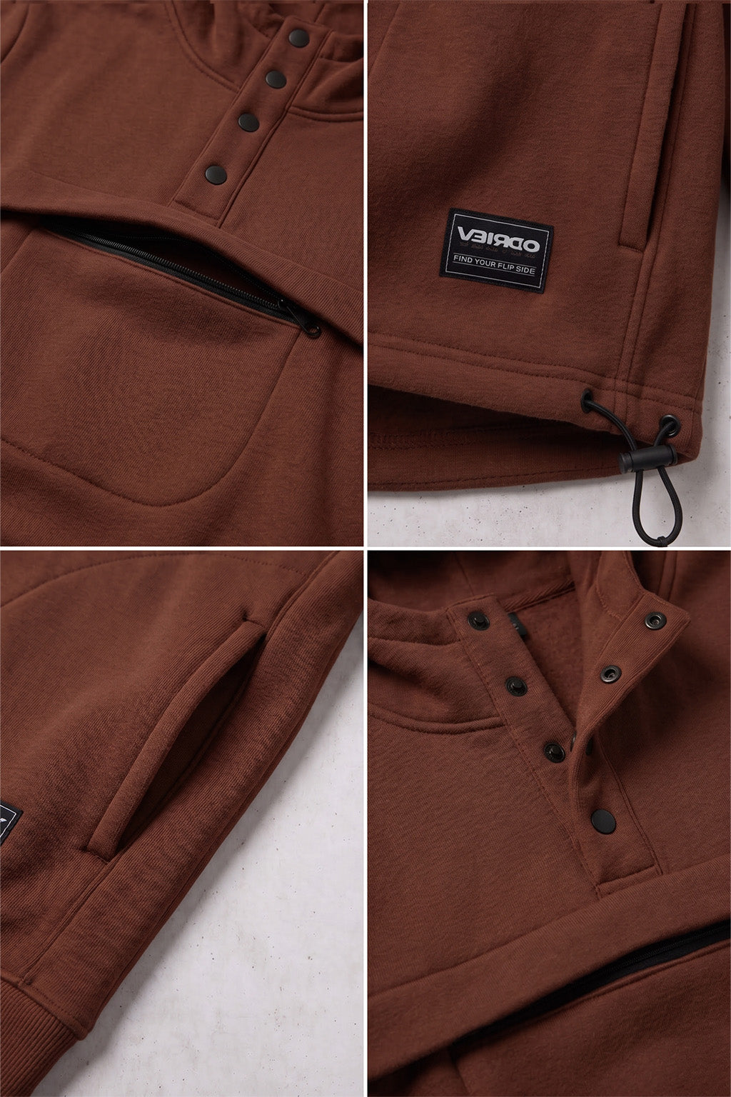 Veirdo Chocolate Oversized Plain Button-Neck Pullover Hoodie