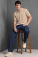 Beige Cross Lining Jacquard Regular Fit Button Polo