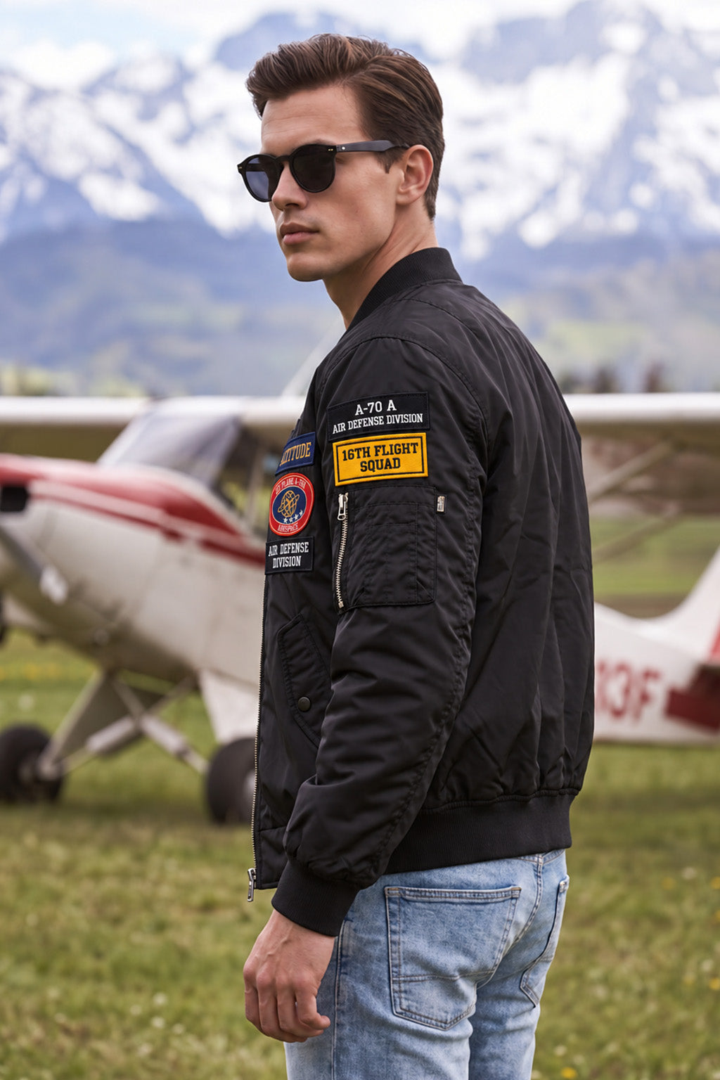 Altitude Black Multi-Patch Detailed Full Sleeve Zip-Up Pilot Jacket
