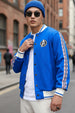 Blue Pocket Typographic Printed Varsity Jacket
