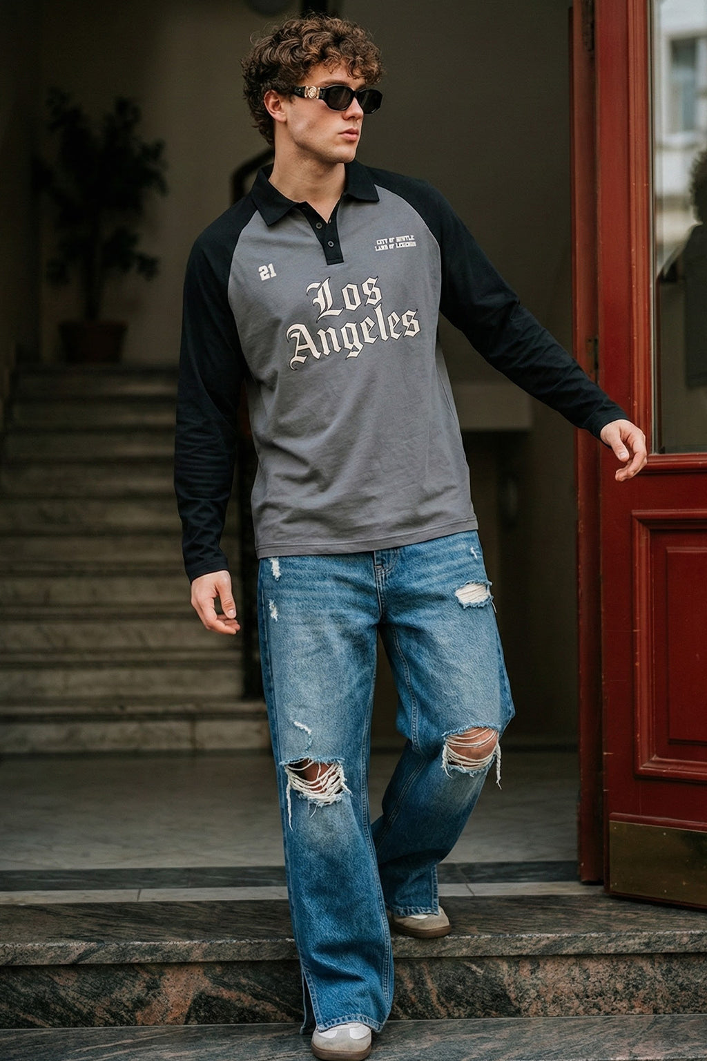 Los Angeles Grey Oversized Full Sleeve Exclusive Polo T-shirt