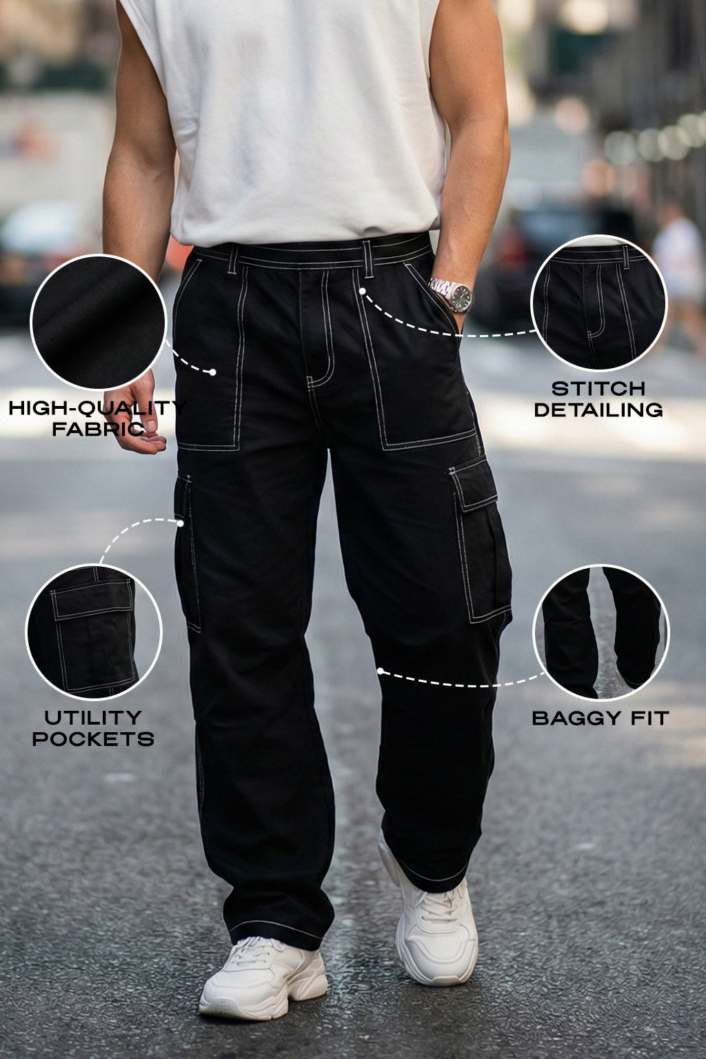 Black Pure Woven Straight Fit 5 Pocket Cargo