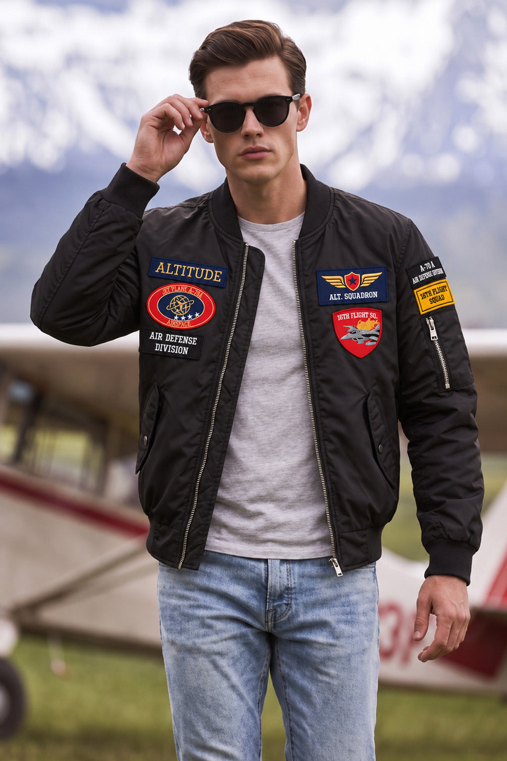 Altitude Black Multi-Patch Detailed Full Sleeve Zip-Up Pilot Jacket