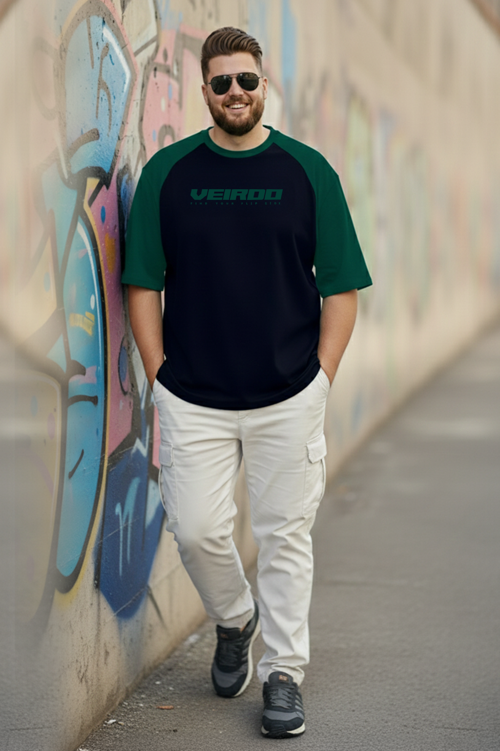 Veirdo Original Navy & Green Raglan Sleeve Graphic Printed Plus Size T-shirt