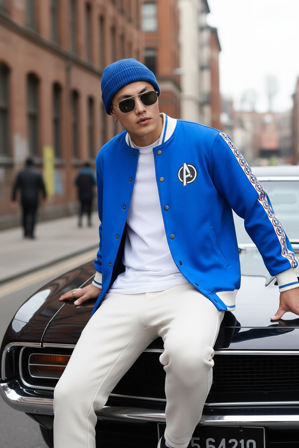 Blue Pocket Typographic Printed Varsity Jacket