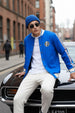 Blue Pocket Typographic Printed Varsity Jacket