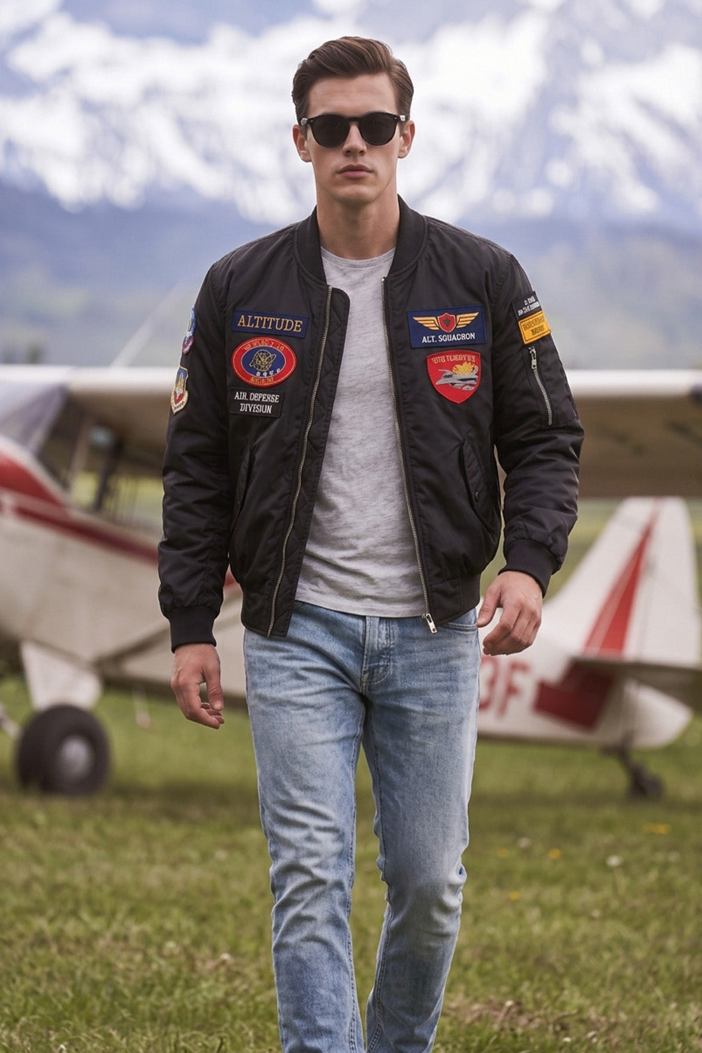 Altitude Black Multi-Patch Detailed Full Sleeve Zip-Up Pilot Jacket