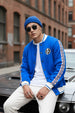 Blue Pocket Typographic Printed Varsity Jacket