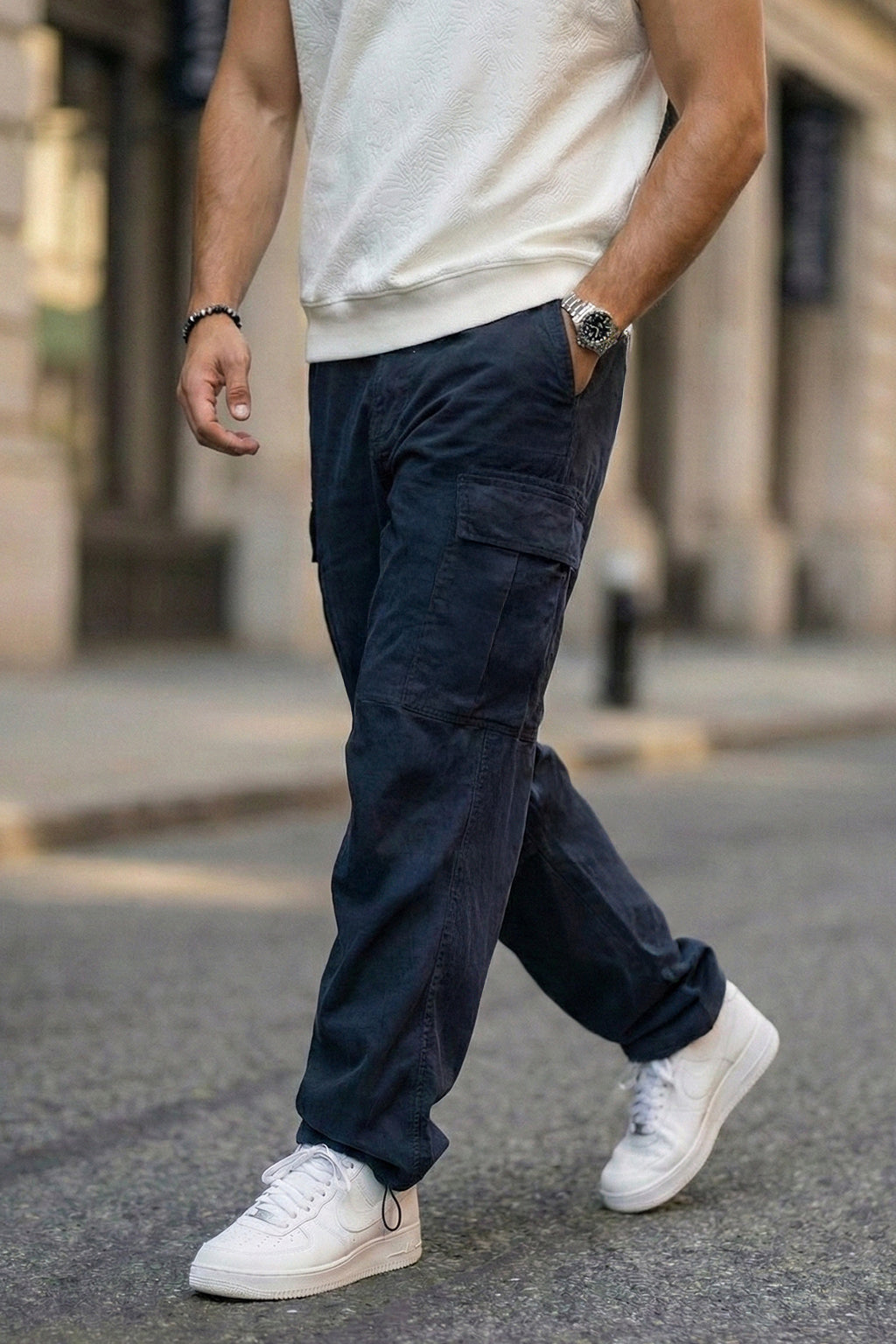 Navy 5 Pocket Woven Straight Fit Exclusive Cargo Pant With Adjustable Ankle