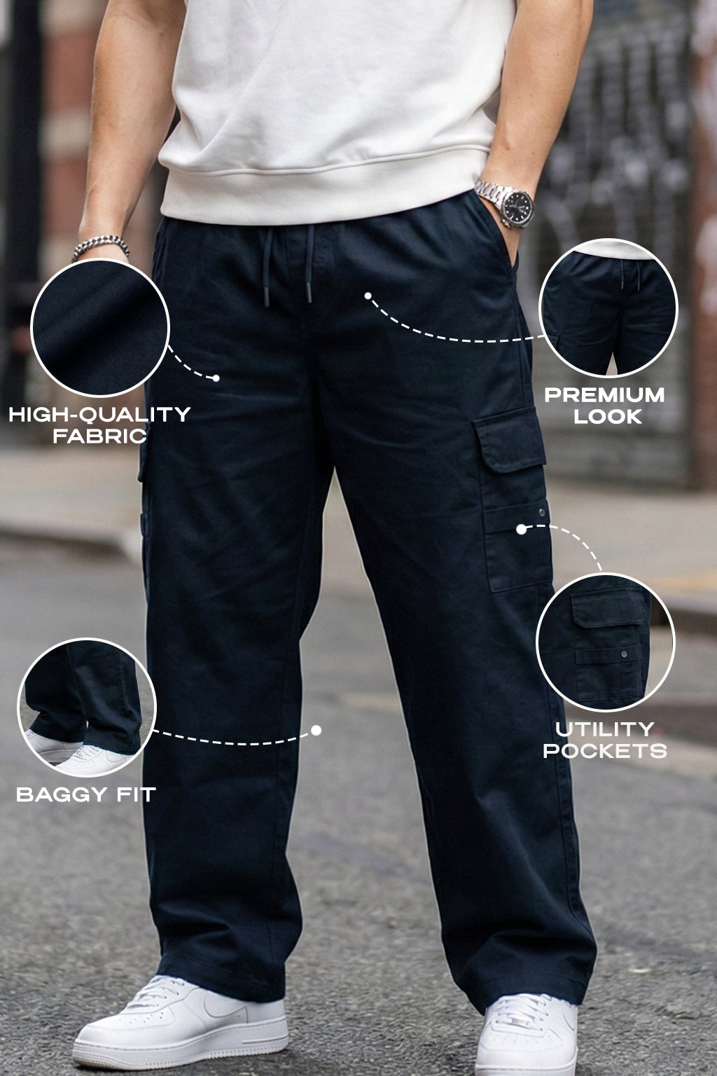 Navy Pure Cotton Baggy Fit 4 Pocket Cargo