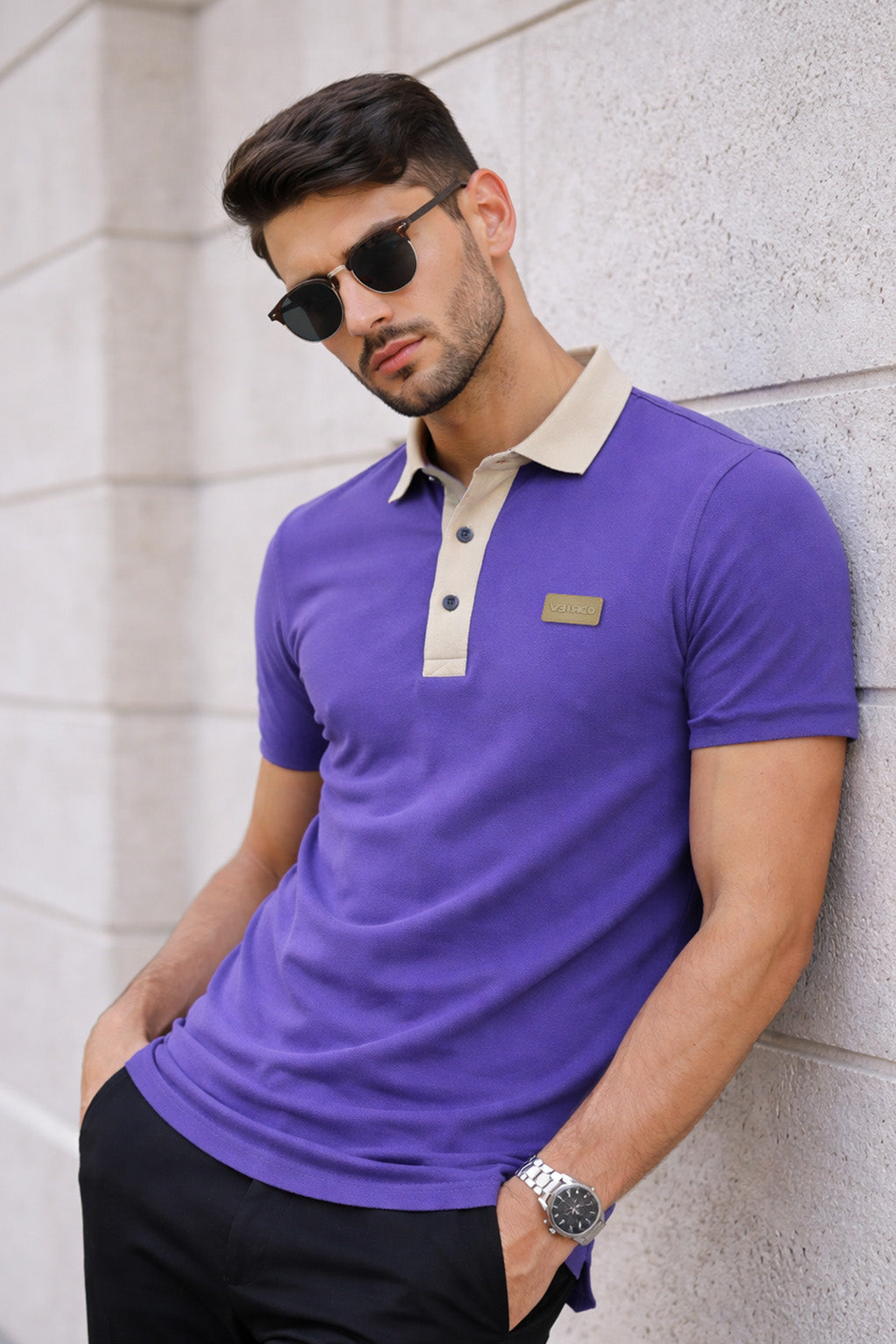 Royal Purple Contrast Collar Economic Regular Fit Pique Polo