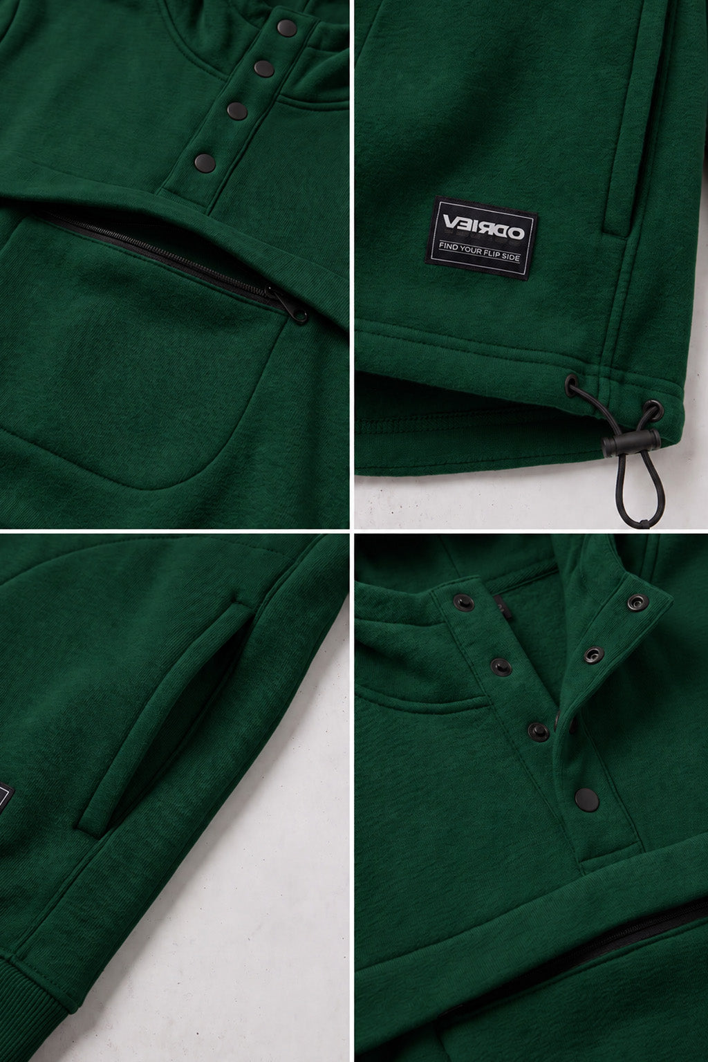 Veirdo Green Oversized Plain Button-Neck Pullover Hoodie