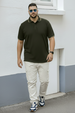 Olive Pique Stripe Collar Plus Size Tipping Polo T-shirt