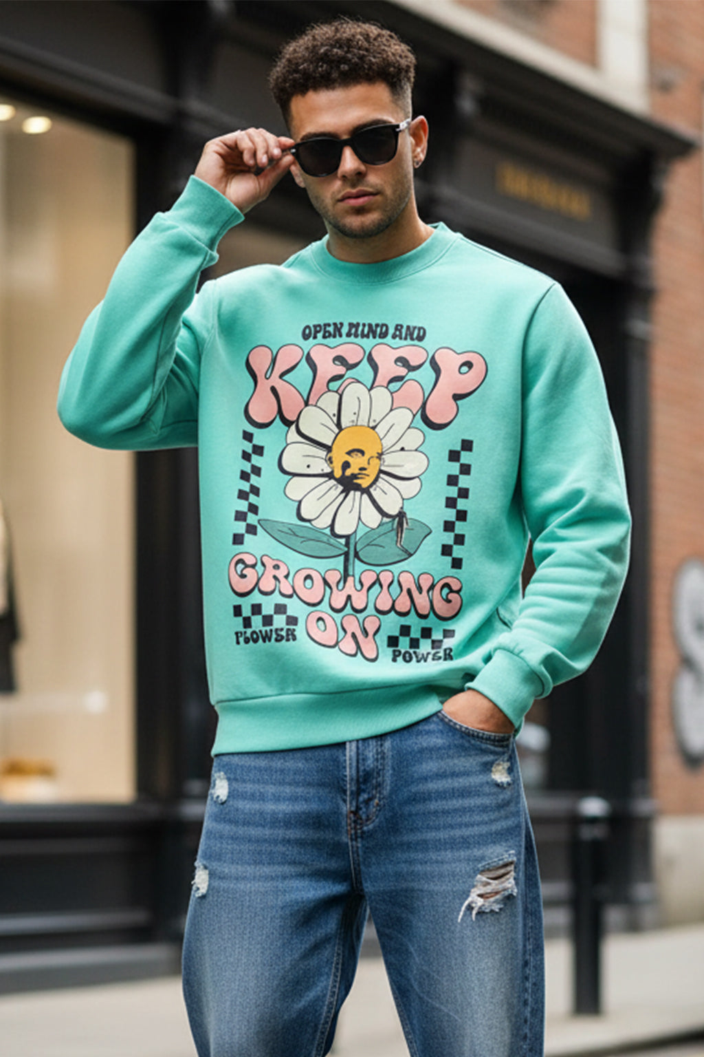 Keep Growing Green Front Printed Regular Fit Sweatshirt