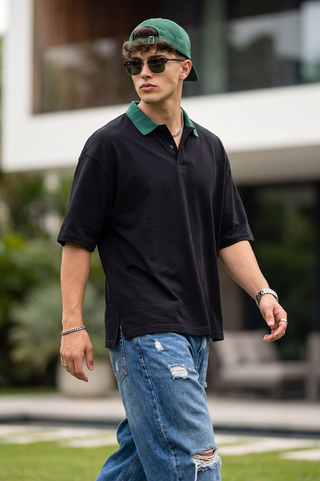 Black Plain Oversized Polo T-shirt
