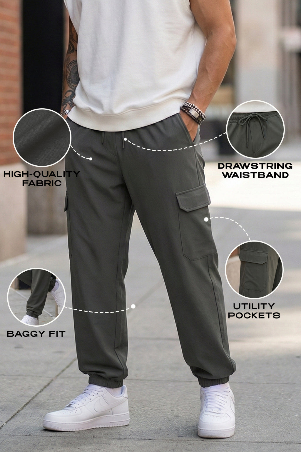 Charcoal Grey Solid Baggy Fit Cargo Joggers