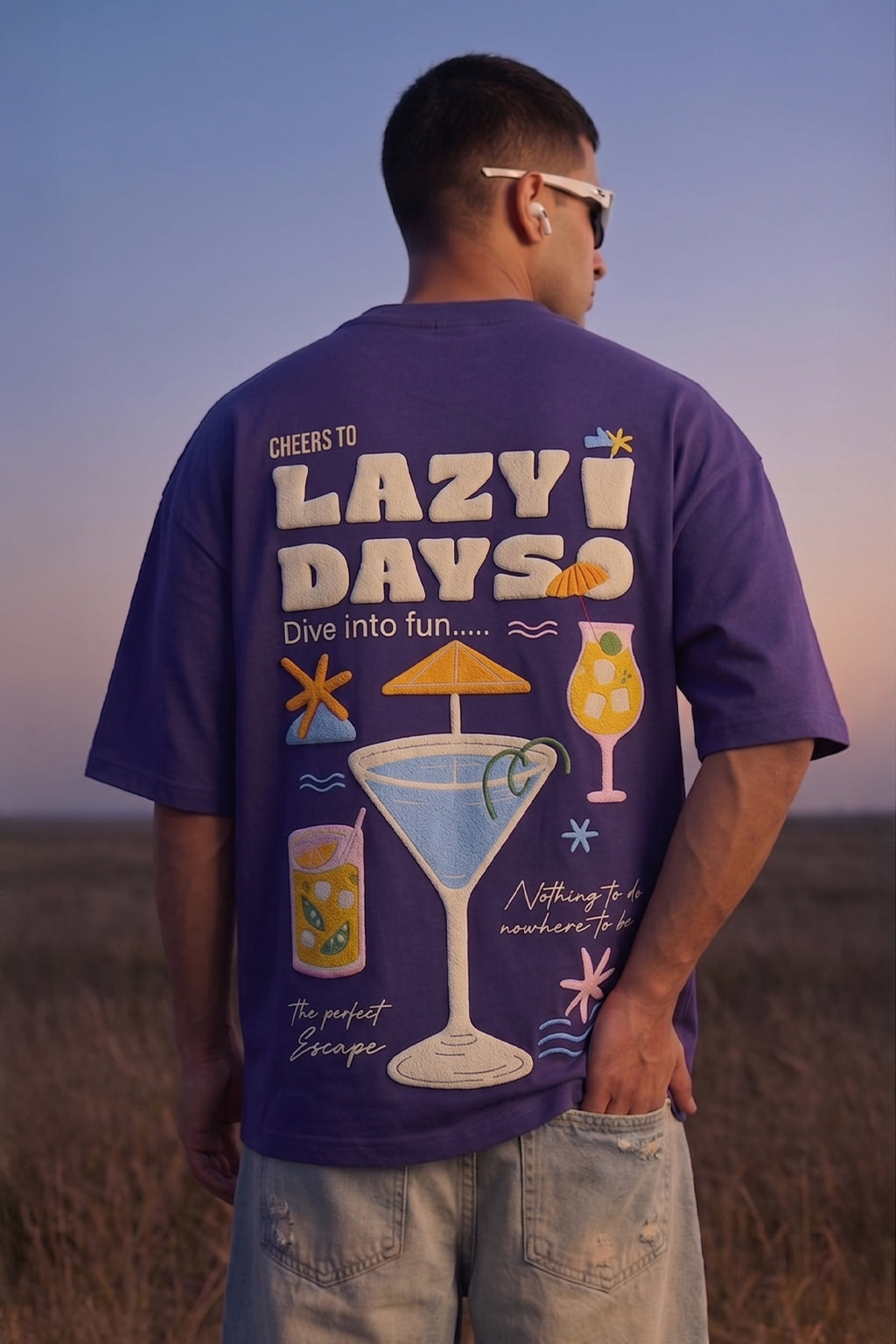 Lazy Days Skipper Blue Oversized Puff Printed Exclusive T-shirt